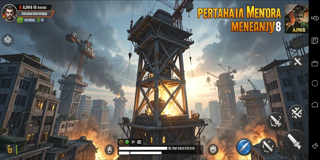 Tampilan gameplay menegangkan dalam AJR88 dengan menara beragam.