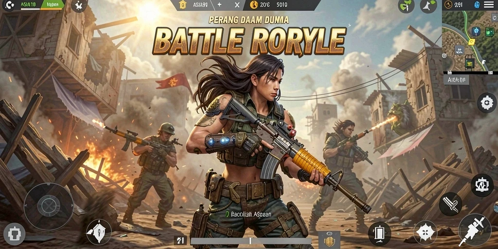 Screenshot gameplay ASIA918 menampilkan aksi seru di medan perang Battle Royale.