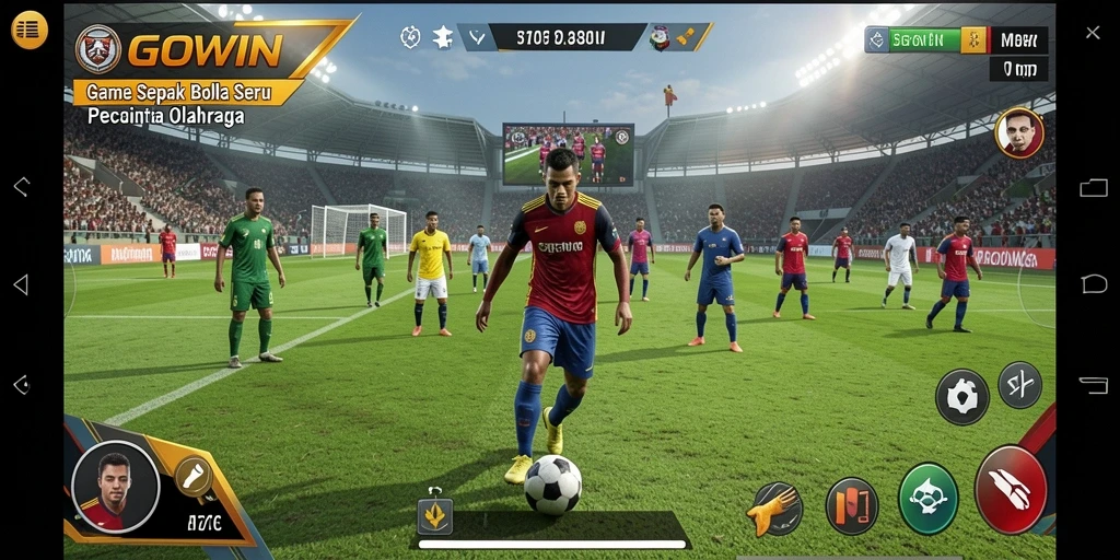 Screenshot dari <strong>GOWIN</strong> menampilkan aksi seru di lapangan sepak bola.