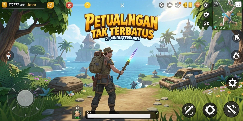 Screenshot utama IDR77 menampilkan panorama dunia terbuka yang menakjubkan.