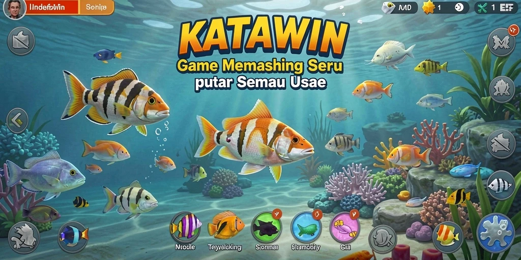 Screenshot utama KATAWIN menampilkan gameplay yang seru saat memancing di laut.