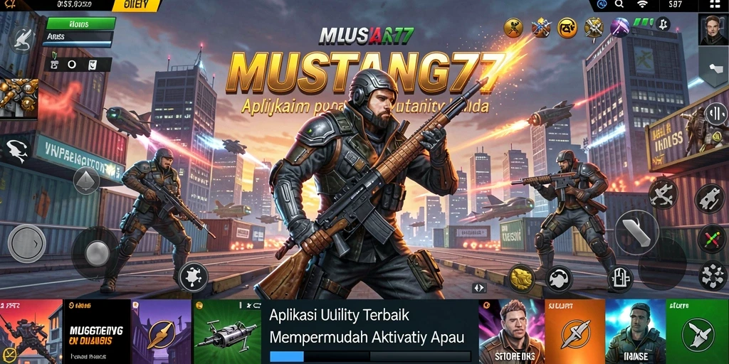 Tampilan utama <strong>MUSTANG77</strong> yang menampilkan fitur-fitur utama aplikasi Utility.