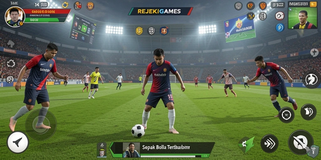 Screenshot gameplay yang menarik dari REJEKIGAMES dengan aksi sepak bola seru.