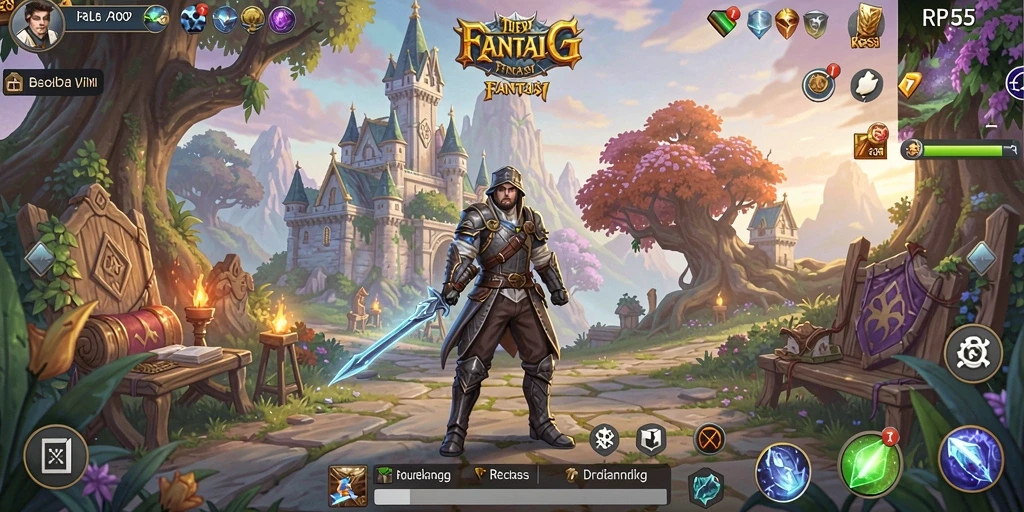 Screenshot utama <strong>RP55</strong> menampilkan aksi pertarungan epik di dunia fantasi.