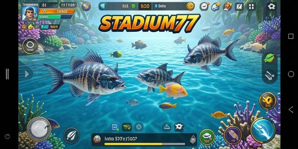Tampilan gameplay seru di STADIUM77 saat menembak ikan.